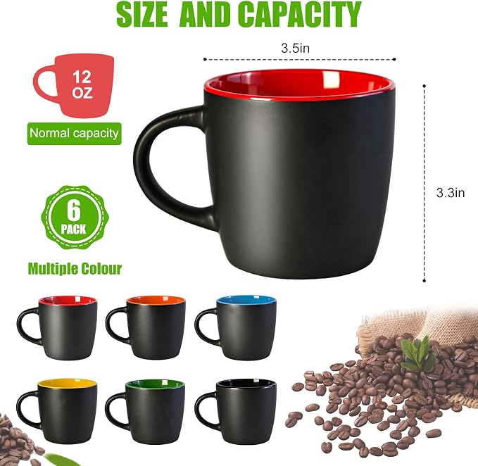 BYCNZB 11oz ceramic Coffee Mug Sets Matte Black Porcelain Mug Multiple colors Cups for Coffee, Tea, Juice, Cocoa Set of 6 (11oz) - Image 2