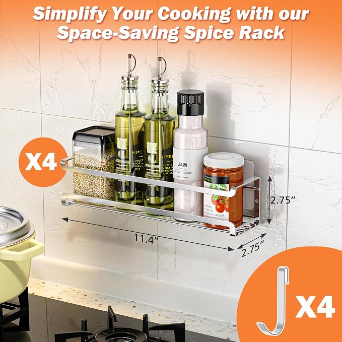 Bunoxea Spice Rack Wall Mounted 4 Pack, Chrome,For Spice Jars & Seasonings | 4 Removalble Hooks,Screw or Adhesive Hanging, Space-Saving,For Kitchen Cabinet, Pantry Door,Stove,RV Use,11.41x2.75x2.75in - Image 7