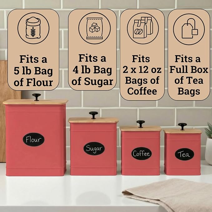 Kitchen Canisters for Countertop Set of 4 w/ Chalkboard Labels & Marker Pen | Airtight Easy Open Bamboo Lids, Dent-Resistant Thick Metal, Customizable Chalkboard Labels, Marker Pen Included, Set of 4 - Image 3