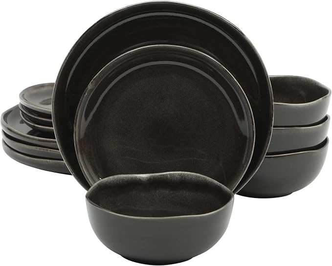 Gibson Elite Nardini 12 Piece (Service for 4) Plates and Bowls Reactive Glaze Dishes Stoneware Ceramic Dinnerware Set - Black by GibsonHomewares