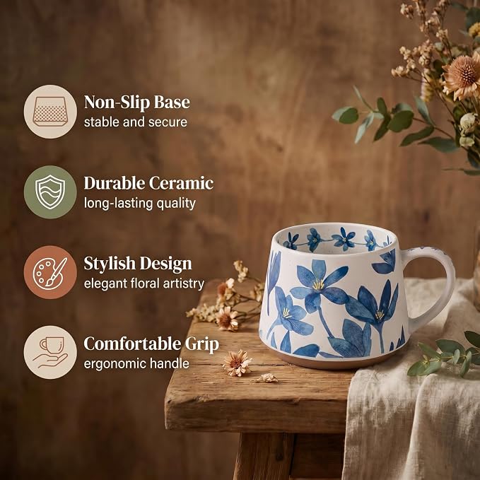 Ceramic Coffee Mug, 13oz Floral Design Pottery cute mugs, Ideal Gift for Women unique vintage pretty coffee mugs (Blue Bulky Flower Mug) - Image 4