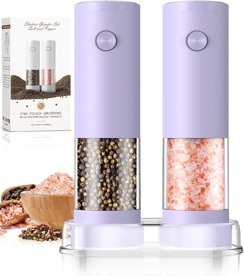 Salt and Pepper Grinder Set Gifts for Women Automatic Battery Purple Pepper Mill Shakers Kitchen Accessories Cooking for Mom, Adjustable Coarseness Salt Pepper Shakers White Elephant Gift by ioion