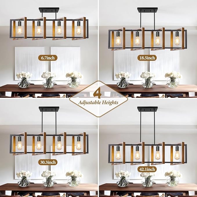 4 Lights Dining Room Light Fixture, Farmhouse Kitchen Island Lighting Wood and Black Metal Rectangular Hanging Chandelier for Ceiling Living Room, Modern Rustic Pendant Lighting Fixture Over Table - Image 4