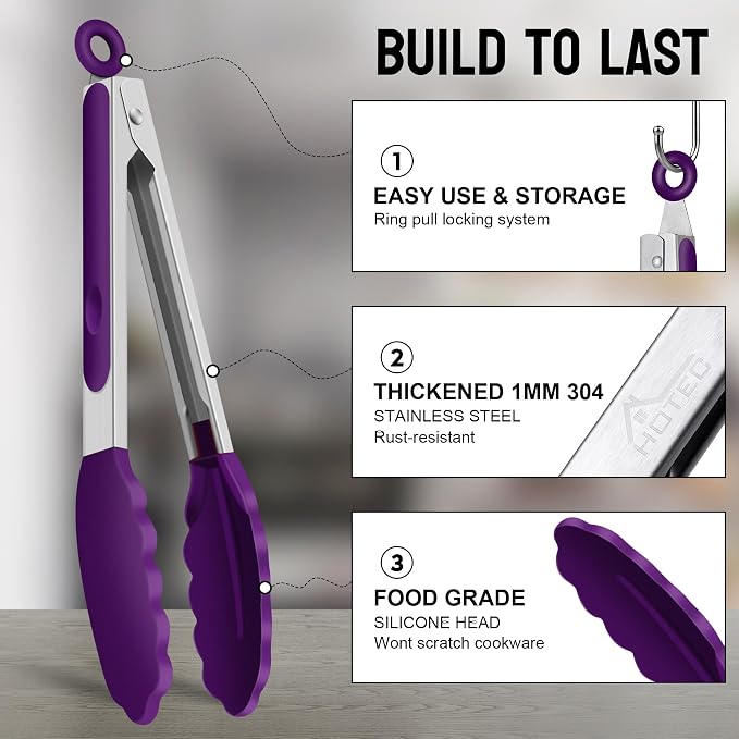 HOTEC Premium Stainless Steel Locking Kitchen Tongs with Silicon Tips, Set of 3-7", 9" and 12" (Purple) - Image 5