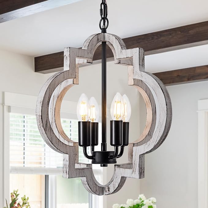 4-Light 15" Farmhouse Orb Chandelier Rustic Handmade Distressed White Wood Hanging Ceiling Pendant Light Fixture Wood Lantern Chandeliers for Dining Room Kitchen Bedroom Foyer Hallway by Lighceac-ProfessionalLightingFixturesManufacturer