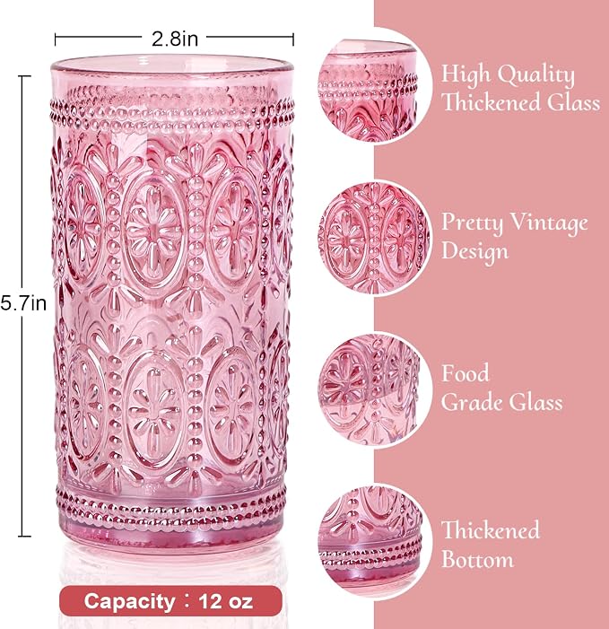 abrwyy Pink Drinking Glasses, 12oz Pink Glassware, Vintage Glassware | Lead-Free Glass, Thick&Durable Glass, Home Decoration, Food Grade Glass - Image 2