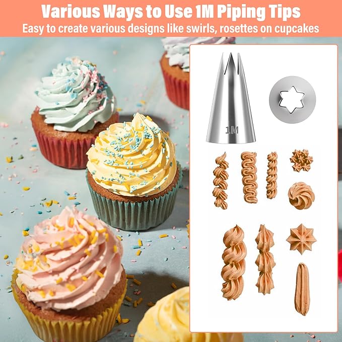 3Pcs 1M Piping Tips Set with 10 Piping Bags, Stainless Steel 1M Star Tips Frosting Tip Boquillas Para Reposteria,Seamless Icing Tip for Cake Decorating Baking DIY