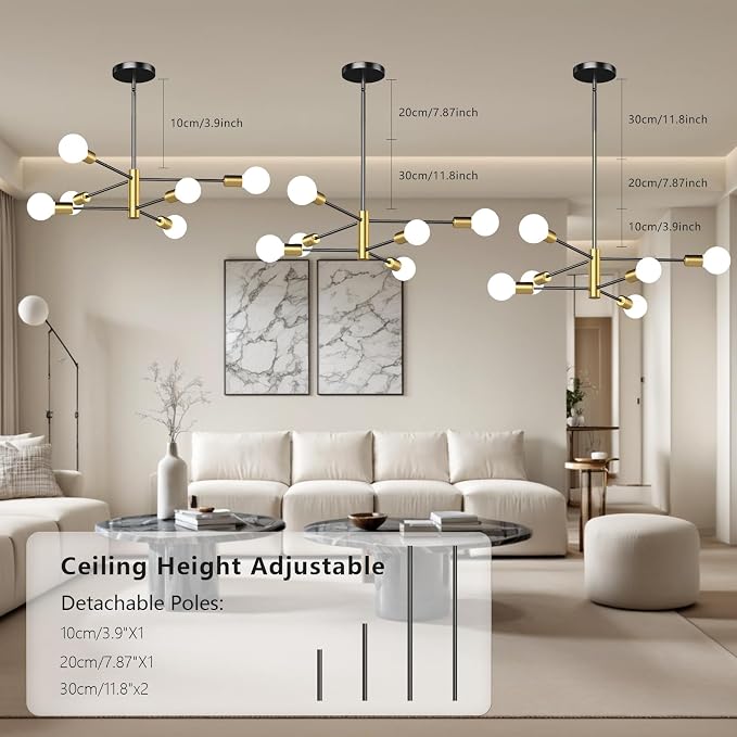 6-Light Black and Gold Mid Century Ceiling Chandelier Height Adjustable for Living Room, Kitchen, Dining Room, Bedroom,Foyer (Bulbs Not Included) - Image 2