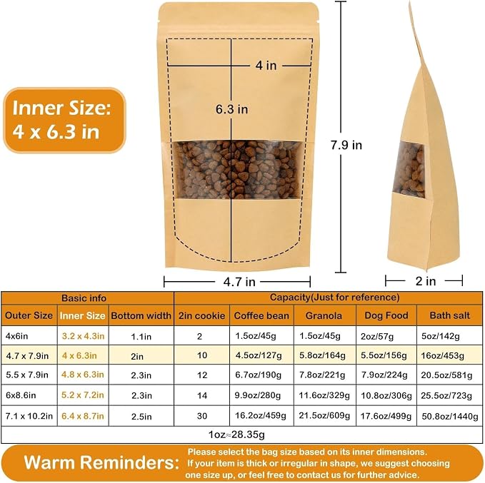 100 Pcs Kraft Paper Resealable Bags for Small Business (4 X 6.3 Inches) | Heat Sealable Zip Lock Stand Up Pouches with Clear Window for Food Storage, Samples, Party Favors - Image 2