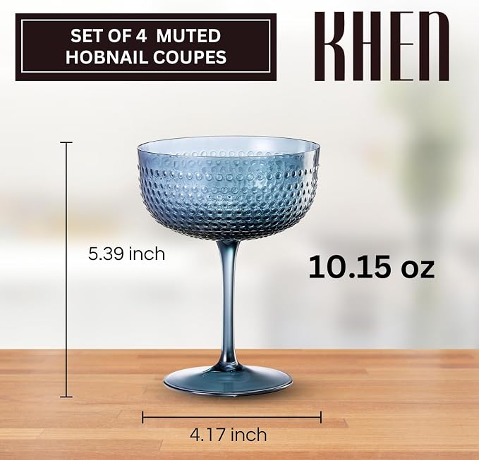 Khen Muted Hobnail Coupes Vintage Textured Pastel Style Cocktail Martini Champagne Saucer Retro Colored Glass Goblets Set of 4 10.15oz Durable Glassware Decorative Barware Classic Party Drink - Image 2