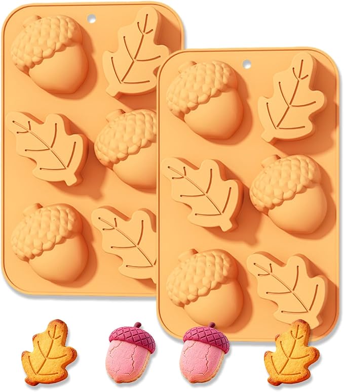 2 Pcs Fall Silicone Molds 3D Chocolate Silicone Mold Autumn Maple Leaf Hazelnut Acornshape Mold for Halloween Thanksgiving Chocolate Candy Cake Pan Baking Tray Cake Decoration