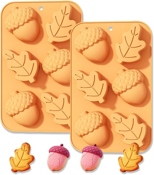 2 Pcs Fall Silicone Molds 3D Chocolate Silicone Mold Autumn Maple Leaf Hazelnut Acornshape Mold for Halloween Thanksgiving Chocolate Candy Cake Pan Baking Tray Cake Decoration