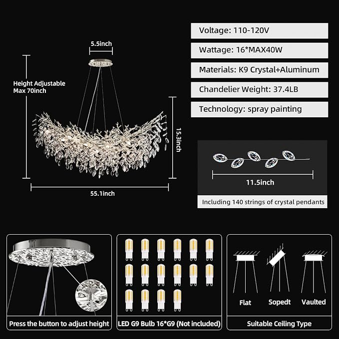 55" Crystal Tree Branch Chandelier Chrome Rectangular Chandelier | 16 Lights Luxury Raindrop Chandeliers Modern Hanging Pendant Light Fixtures for Dining Room Kitchen Island Living Room - Image 3