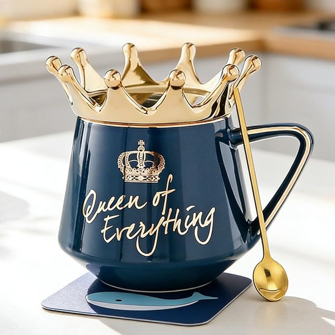 Arawat Queen of Everything Mug with Lid Cute Mugs with Crown Dark Blue Coffee Mug with Spoon & Coaster 12 oz Ceramic Tea Cup Birthday Gift for Women Girl Mom Friend Valentine's Day Gifts for Women Man by ARAWAT