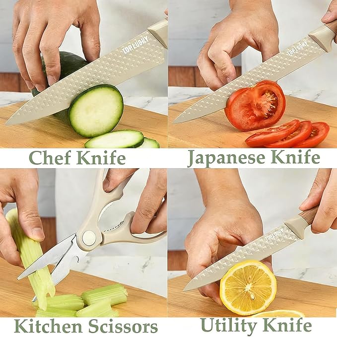 Kitchen Knife Set, Retrosohoo 6-Pieces Khaki Sharp Knife Block Sets for Kitchen, Non-stick Non-slip Stainless Steel Chef knives with Universal Block Suitable for Home Restaurant (Khaki) - Image 4