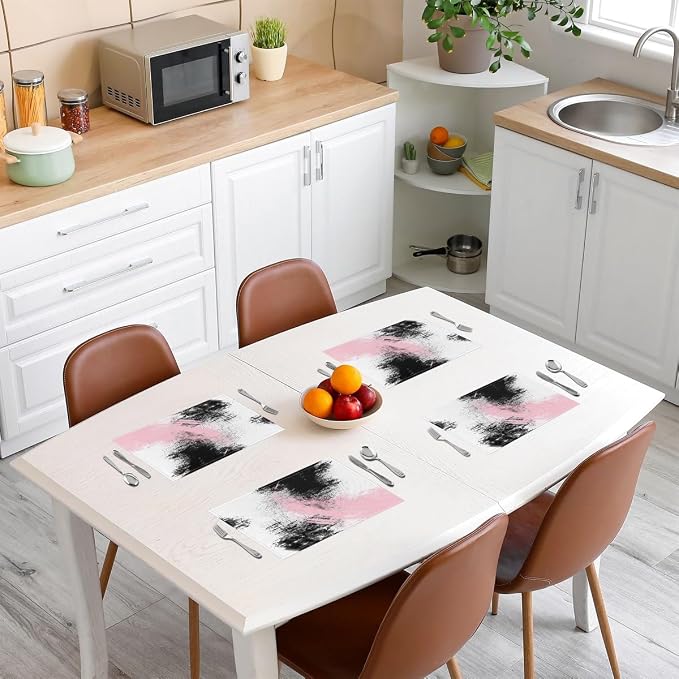 Feelyou Pink White Black Placemats Set of 4 18"x12" Kids Abstract Placemat for Kitchen Dining Table Decor Indoor Outdoor for Boys Geometric Table Place Mats, Modern Art Luxury - Image 3