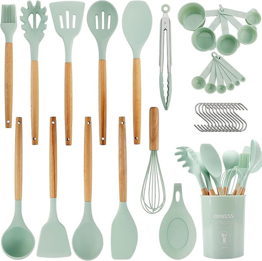QMVESS Silicone Kitchen Utensils Set, 35 Pcs Non-Stick Cooking Utensils Set, Sturdy Insulation Wooden Handle Kitchen Accessories for Cooking with Spatula Set and Spoons Set Gadgets (Light Green) by QMVESS