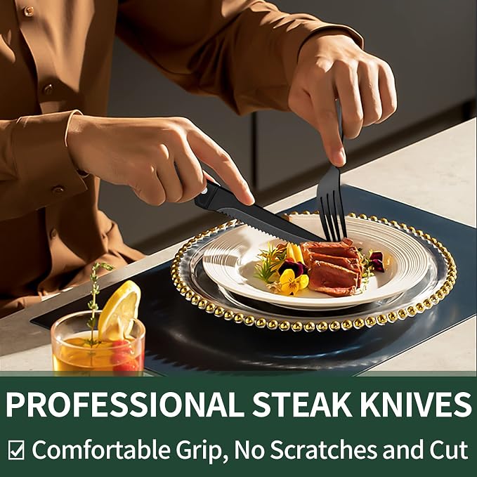 EWFEN 24-Piece Black Silverware Set with Steak Knives, Black Flatware Set for 4, Food-Grade Stainless Steel Tableware Cutlery Set, Mirror Finished Utensil Sets for Home Restaurant, Round Edge - Image 4