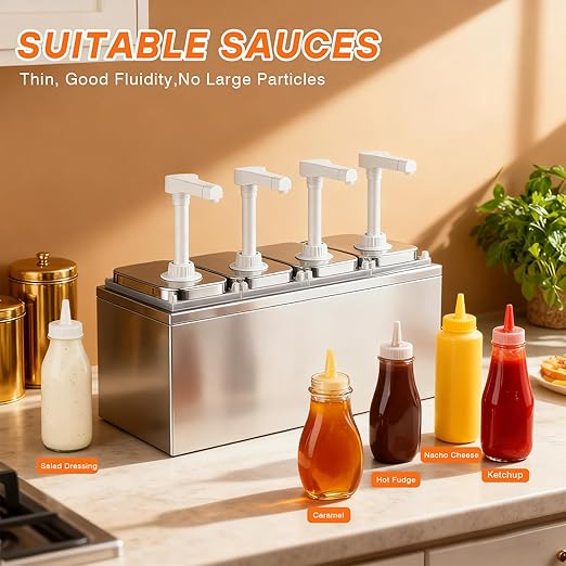 2.11 Quart Stainless Steel Sauce Pump Dispenser,Condiment Pump Station Detachable Leak-Proof Design for Sauce Honey Syrup Dressing,Commercial & Home Kitchen Use (4 Heads, 2L)