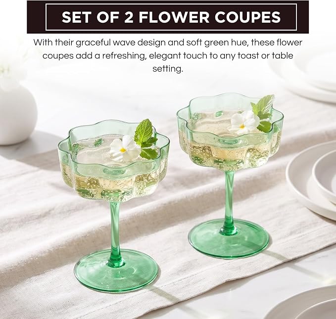 Flower Scalloped Vintage Wavy Petals Wave Glass Coupes 7oz Colorful Martini, Champagne & Cocktails, 2 Sage Green Set Amber Rippled Champagne Glasses, Elegant Bar Glassware, Aesthetic Coupe Glassware - Image 3