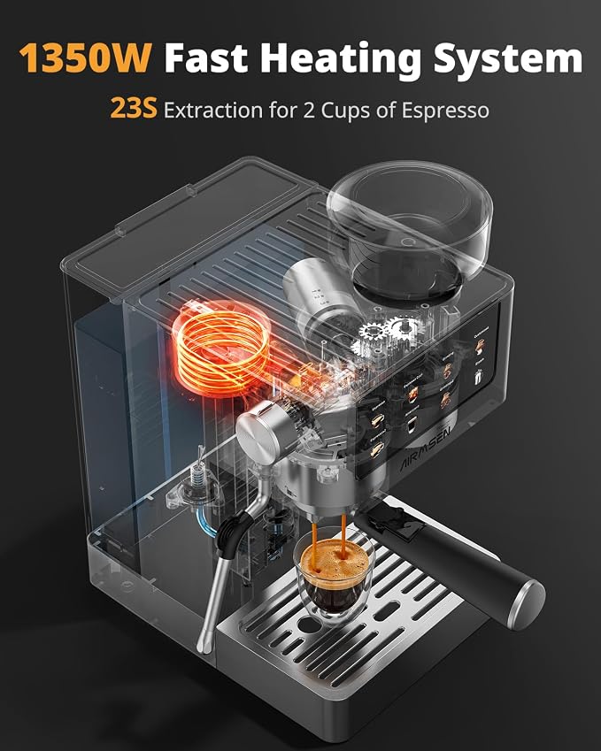 AIRMSEN Espresso Machines with Burr Grinder, 20 Bar, Milk Frother Steam Wand, Stainless Steel Coffee Maker for Home - Cappuccino Latte & ​​Cold Brew​​ Iced Coffee Maker & Americano - Image 8