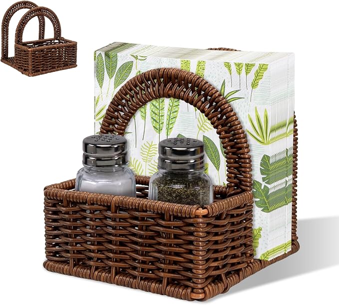 Plastic Rattan Napkin Holder with Salt and Pepper Shakers Holder for Table, Kitchen countertop Organizer (Without Salt, Pepper Shakers & Napkins) by Unknown