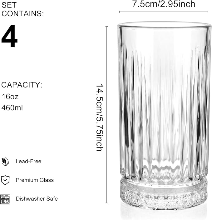 Highball Glasses Set of 4, 16oz Tall Drinking Glasses, Lead-free Crystal Water Glassware for Juice, Cocktails, Iced Tea - Image 3
