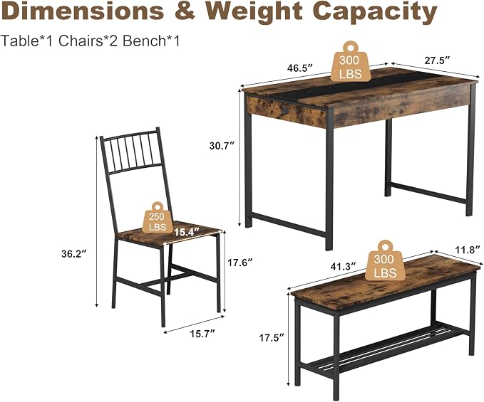 GarveeHome Dining Table Set for 4,Kitchen Table with Bench & 2 Chairs,Retro | Includes Storage Rack & Drawers, Space-Saving，Rectangular Farmhouse Style, Perfect for Breakfast Nook - Image 2
