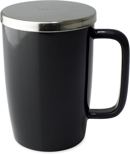 FORLIFE Dew Glossy Finish Brew-In-Mug with Basket Infuser & "Mirror" Stainless Lid 18 oz., Black Graphite