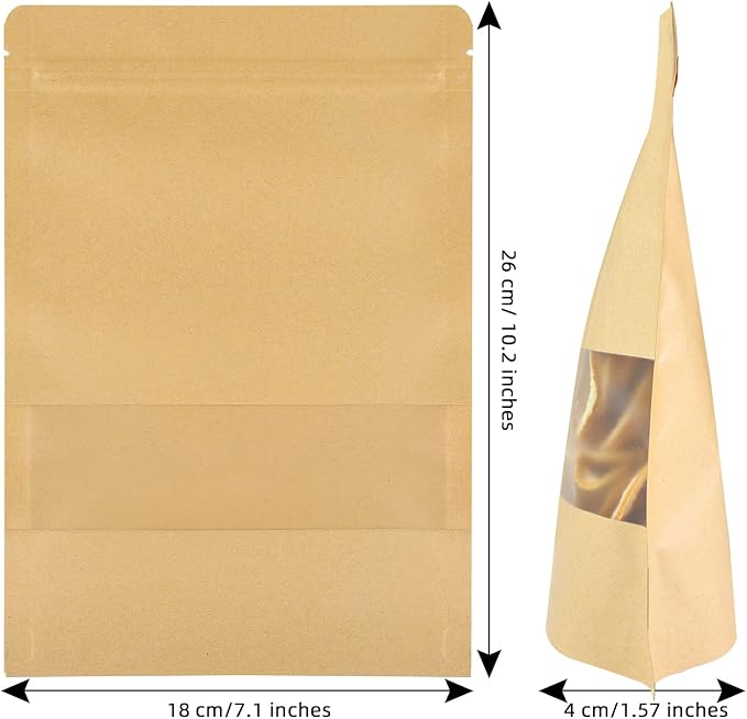 100 Pcs Kraft Stand Up Pouches 7.1 x 10.2 Inch Resealable Food Storage Bags with Matte Window for Packaging - Image 2