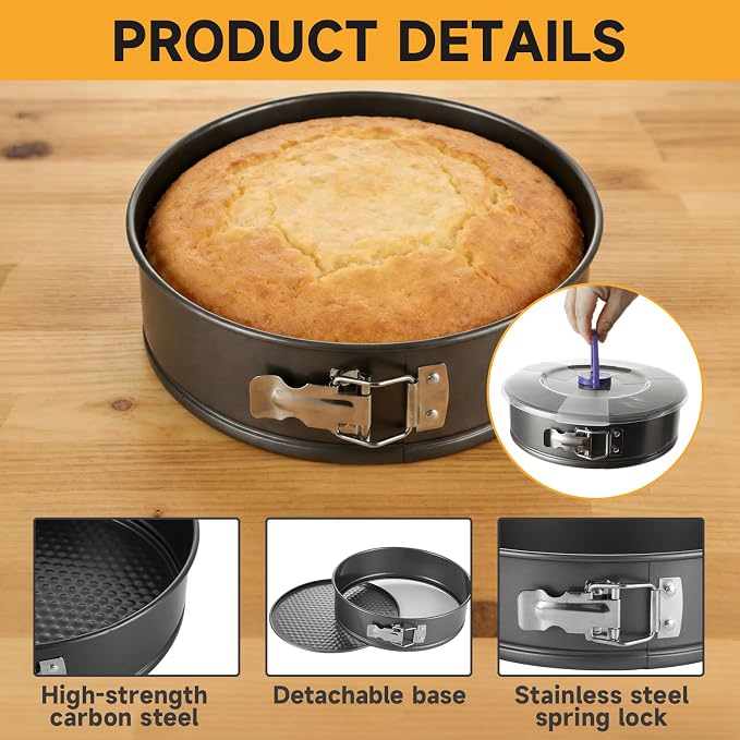 Acrux7 2 Pack 9 Inch Springform Cheesecake Pans with Removable Bottom, Latch and Lids, Round Nonstick Carbon Steel Cheese Cake Pan, Easy Release Spring Form Pan Bakeware for Baking, Oven Safe - Image 3