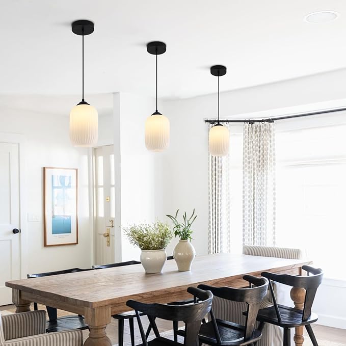 KCO Farmhouse Black Small 5.5” Ribbed Cylinder White Glass Pendant Light | Adjustable Cord E26 Hardwired Hanging Lamp Mid Century Modern Vintage Hanging Light for Kitchen Island Bedroom Dining Room - Image 4
