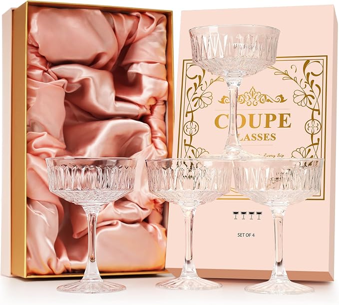 VIMERPA Coupe Glasses, Martini Glasses Set of 4, Vintage Champagne Coupe Glasses, 8oz Large Martini Glass, Crystal Retro Style Cocktail Glass for Elegant Bar Drinks, Vintage Art Deco Glassware by VIMERPA