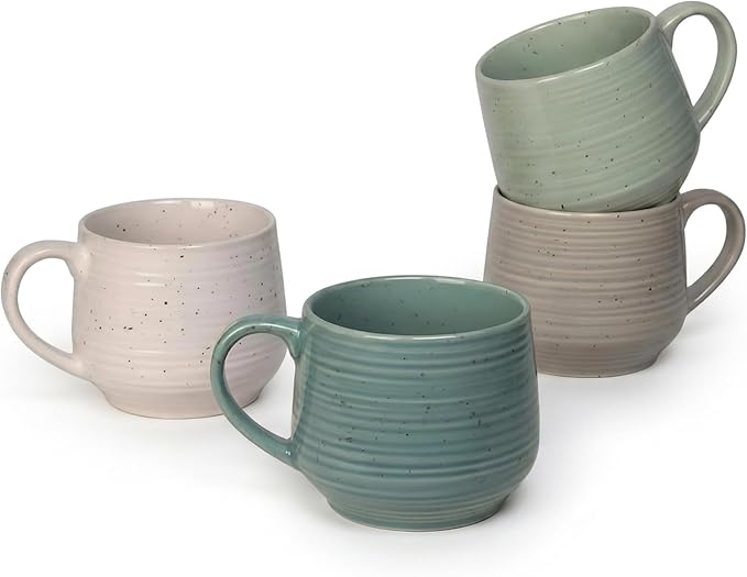 Sango Siterra Artist's Blend 17 oz. Stoneware Mug Set- Service for 4, Rustic Design, Green/White/Beige, Scratch-Resistant, Microwave & Dishwasher Safe, for Everyday Dining & Entertainment by Sango