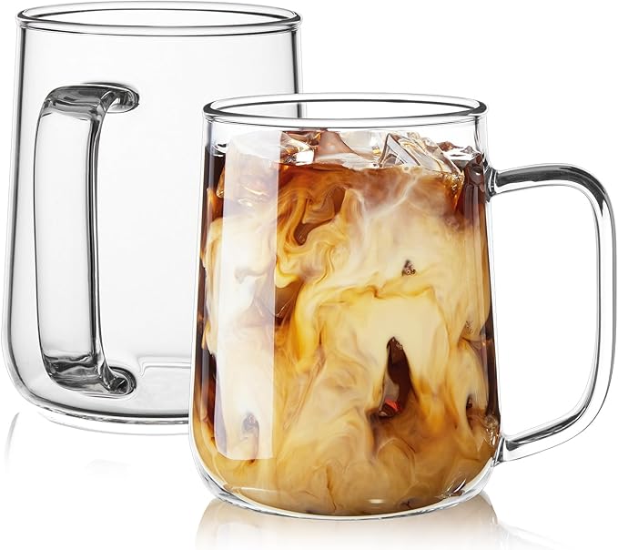 Glass Coffee Mugs, 16 oz Glass Coffee Cups Set of 2, Clear Borosilicate Glass Mugs with Handles for Cappuccino, Tea, Latte, Hot/Cold Beverages, Wine, Americano