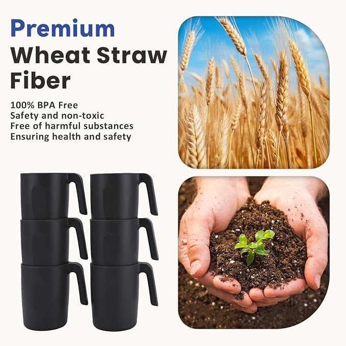Homienly Unbreakable Coffee Mug Set - 6 Wheat Straw Reusable Cups | Dishwasher Safe Drinking Glasses | Alternative to Plastic Mugs & Glass Cups 16 oz for Camping, Kitchen (Black) - Image 6