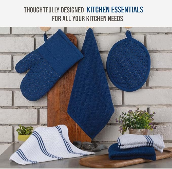 LANE LINEN Tea Towels - 16 Pc Set with Silicone Oven Mitts and Pot Holders, Cotton Kitchen Towels, Absorbent Dish and Hand Towels - Indigo - Image 3