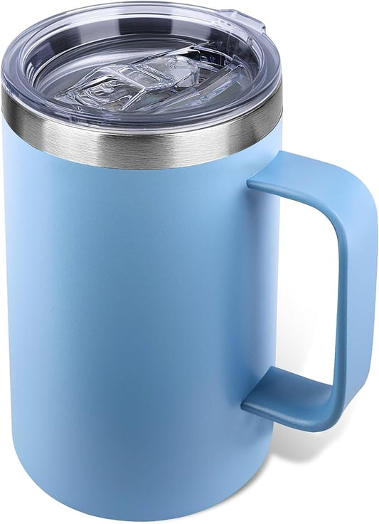 22oz Insulated Coffee Mug with Handle & Leak-Proof Lid - Double Wall Stainless Steel Travel Tumbler for Commute/Office/Home, Blue, 1 Pack by Unknown