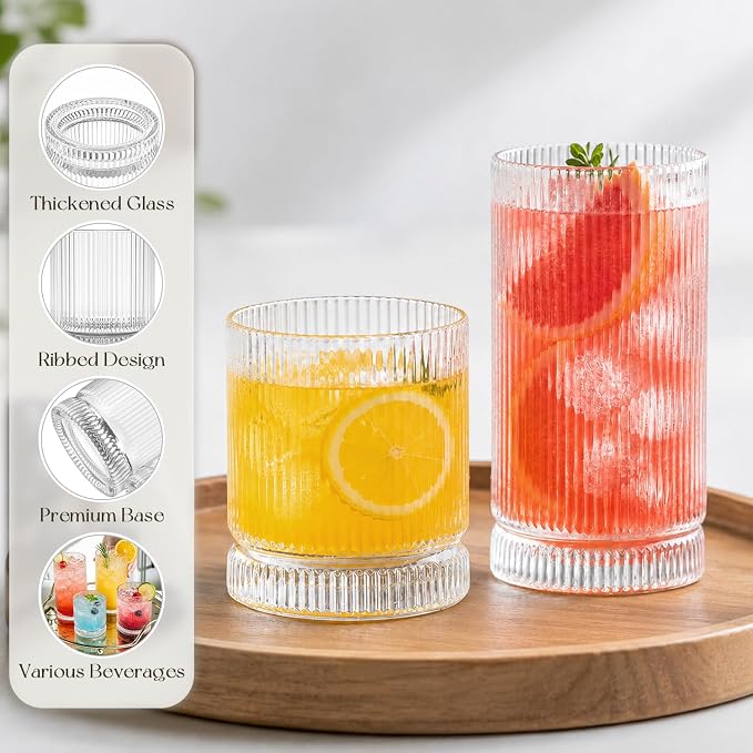 KEMORELA Ribbed Glassware Set of 8—4 Large Capacity Highball Glasses 16oz, 4 Rocks Glass Cups 13oz, Cocktail Glasses, Drinking Glasses Ideal for Beer, Juice, Ice Coffee Cup, Whiskey, Mixed Drinkware - Image 4