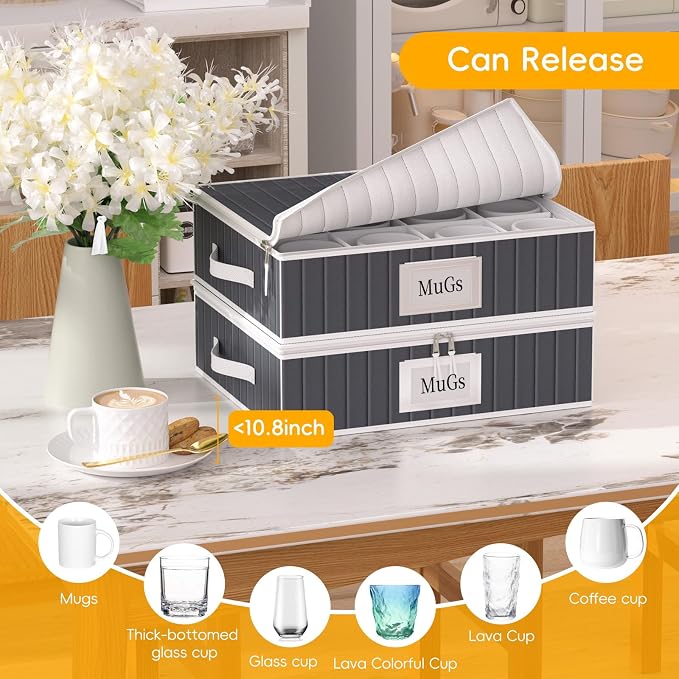 Mug and Cup Storage Box with Dividers - 2 Pack China Storage Bin Containers Holds 24 Glassware, Stackable Coffee Mug Organizer Bin and Tea Cup with 2 Metal Zipper,Label and Handles (Grey) - Image 6