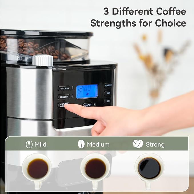 Gevi All In One 10-Cup Grind & Brew Coffee Maker with Built-In Burr Grinder | 24-Hour Programmable Timer, 1.5L Water Tank, Warm Plate, Reusable Filter & Glass Carafe for Daily Fresh Coffee Brewing - Image 4