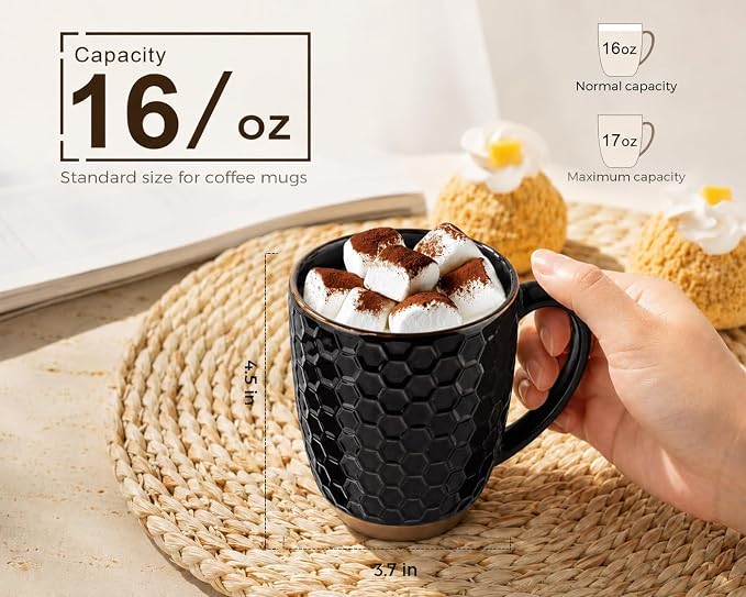 GBhome Large Coffee Mugs Set of 4, 16oz Handmade Embossed Coffee Mugs Set with Large Handle for Cappuccino/Latte/Tea/Hot Cocoa, Dishwasher & Microwave Safe, Black - Image 2