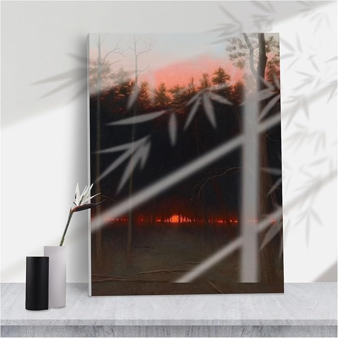 Moody Forest Twilight Glowing Lights Art Print,Dark Atmospheric Woodland Pink Orange Sunset Sky for Cozy Living Room or Dramatic Home Decor,8''x12'' Framed Modern Canvas Wall Art by Unknown