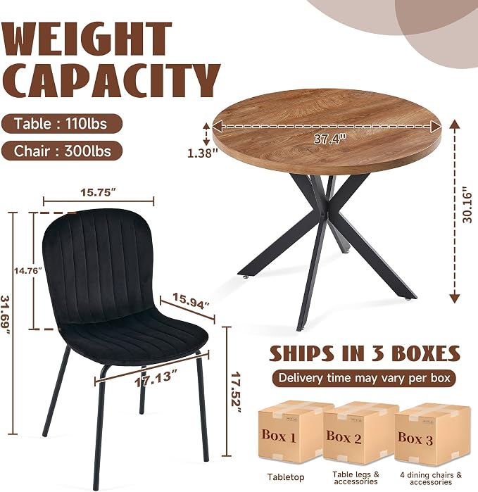 37 Inch Round Dining Table Set for 4, Modern Small Circle Kitchen Coffee Set for Apartment Living Room Office, Save Space(1 Imitation Wooden Table + 4 Black Velvet Chairs) - Image 3