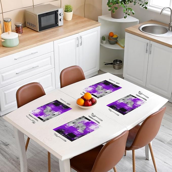 Feelyou Purple Grey Table Place Mats, Boys Girls 18"x12" Abstract Geometric Placemats Set of 4 for Kids Geometric Placemat for Kitchen Dining Table Decor Indoor Outdoor Buffalo Check - Image 3