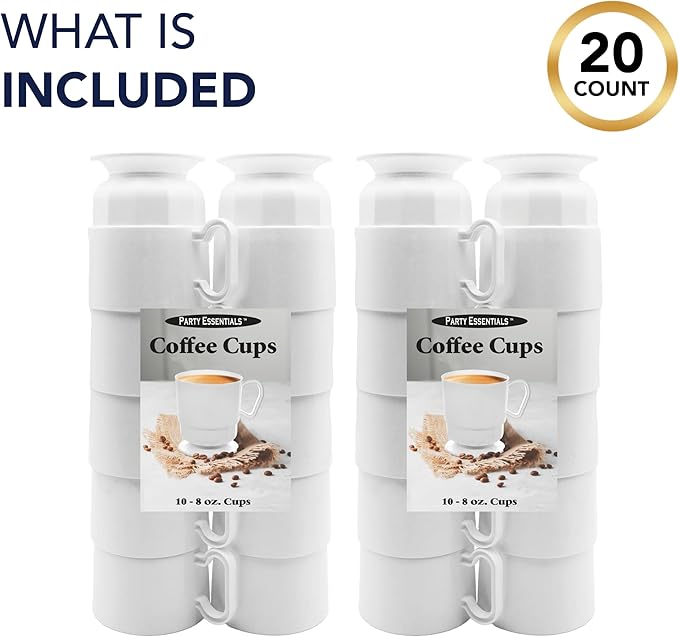 Party Essentials 8-Ounce Hard Plastic Coffee Cup/Tea Mug with Handle, 20-Count, Deluxe White - Image 3