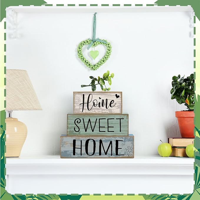 Moucuny 4 Pcs Farmhouse Wooden Table Decor Rustic Home Sweet Home Stacked Blocks Sign Decoration Farmhouse Eucalyptus Leaves Tiered Tray Decor for Kitchen Mental Shelf Coffee Bar - Image 5