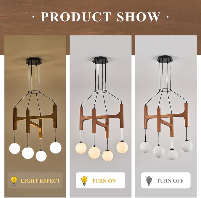 Rustic Wood Chandeliers with Milk Glass Globes Lampshades L24 '' Unique Mid Century Long 4-Light Pendant Chandelier Wood Stained Walnut Farmhouse for Living Dining Room Entryway Bedroom Kitchen,G9 - Image 7