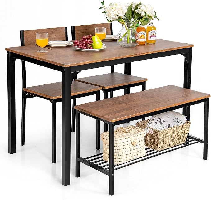 Giantex Dining Table Set for 4, 43" Kitchen Table and Chairs, Dining Bench with Metal Frame & Storage Rack, 4-Piece Modern Functional Desk Set for Dinette, Small Space, Apartment, Restaurant, Walnut by Giantex