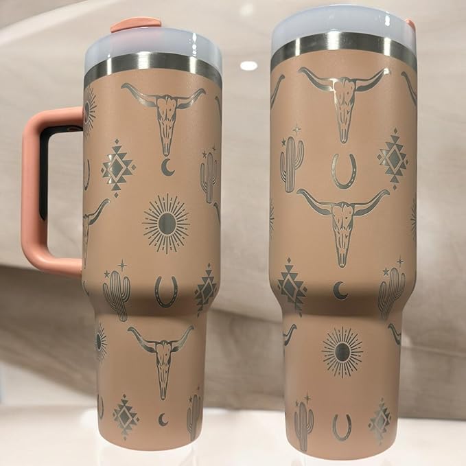 Western Engraved 40oz Tumbler, Tumbler with handle, Cowgirl Tumbler, Country Mug with Handle (Peach/Blush- Longhorn)